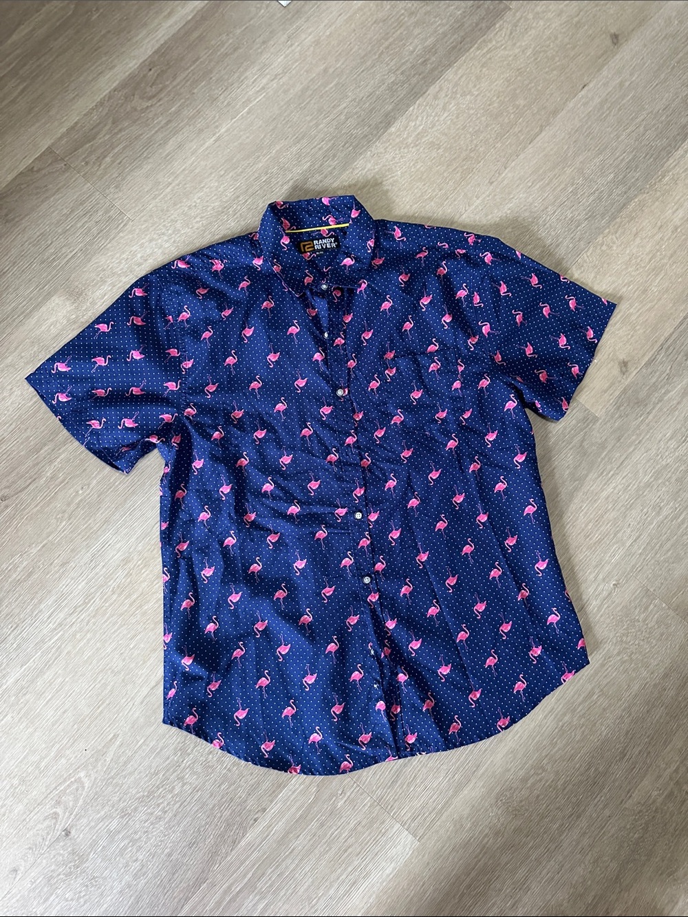 Short-Sleeve Navy Button-Down Shirt with Pink Flamingo Print